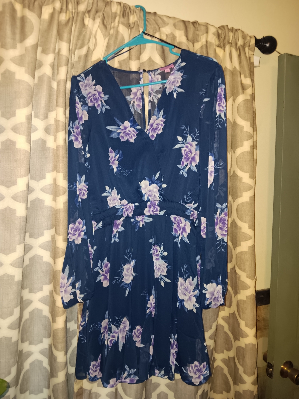 miami Navy Floral V-Neck Long Sleeve Dress with Lavender Blooms